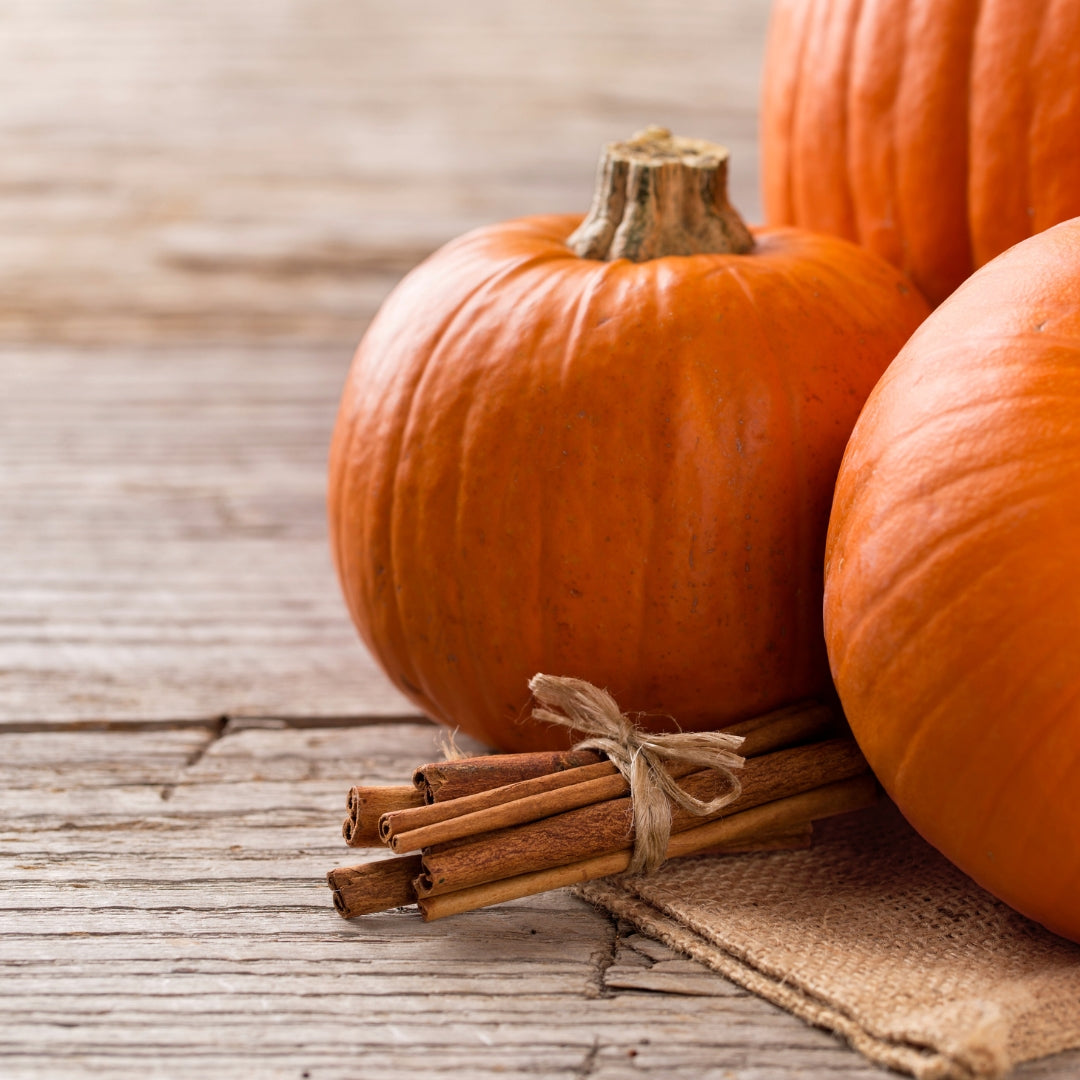 Photo of pumpkins and cinnamon sticks. 