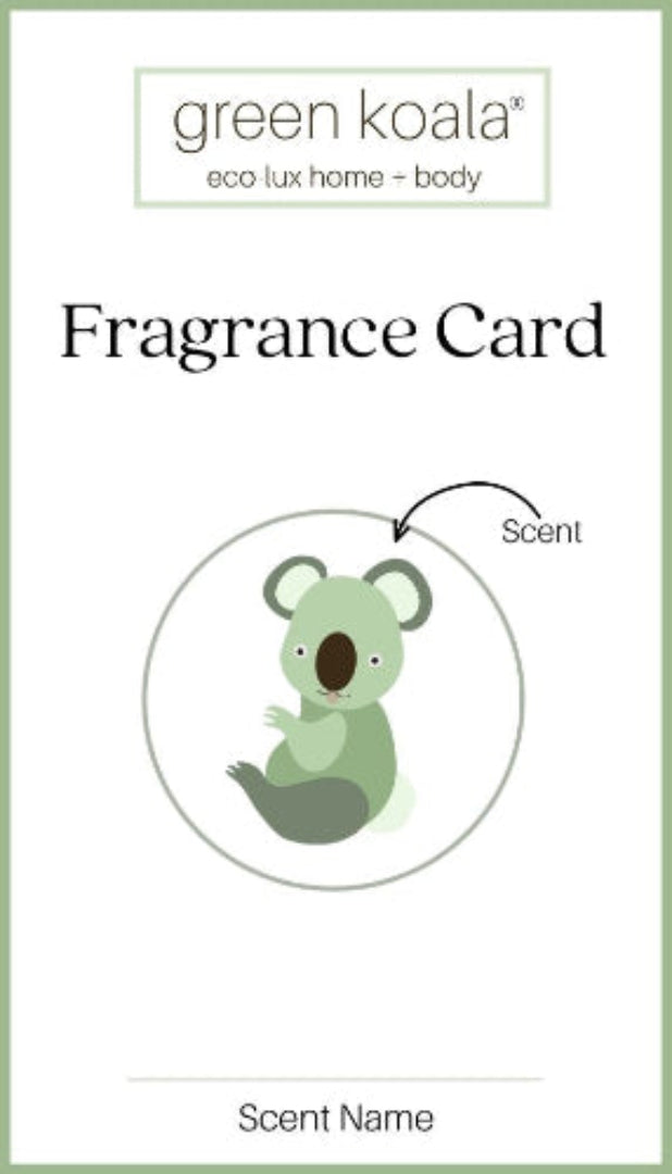 A Green Koala Fragrance Card template with a light green border, featuring a cartoon koala illustration inside a circle labeled &