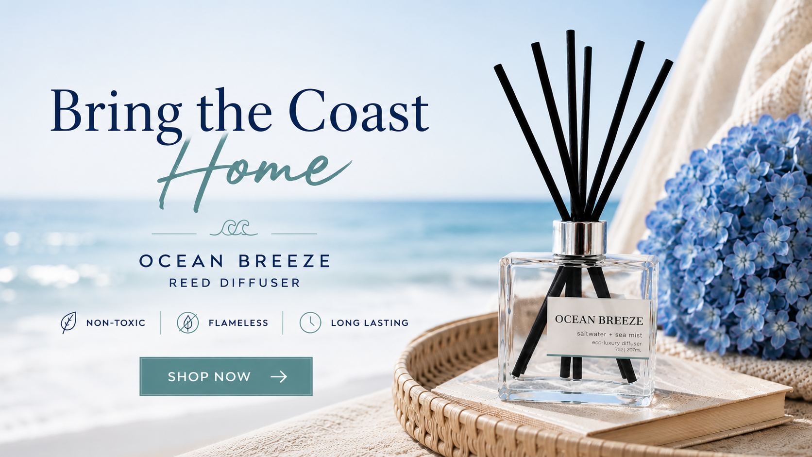 Non-Toxic Coastal Scented Reed Diffusers that are flameless and long lasting. 