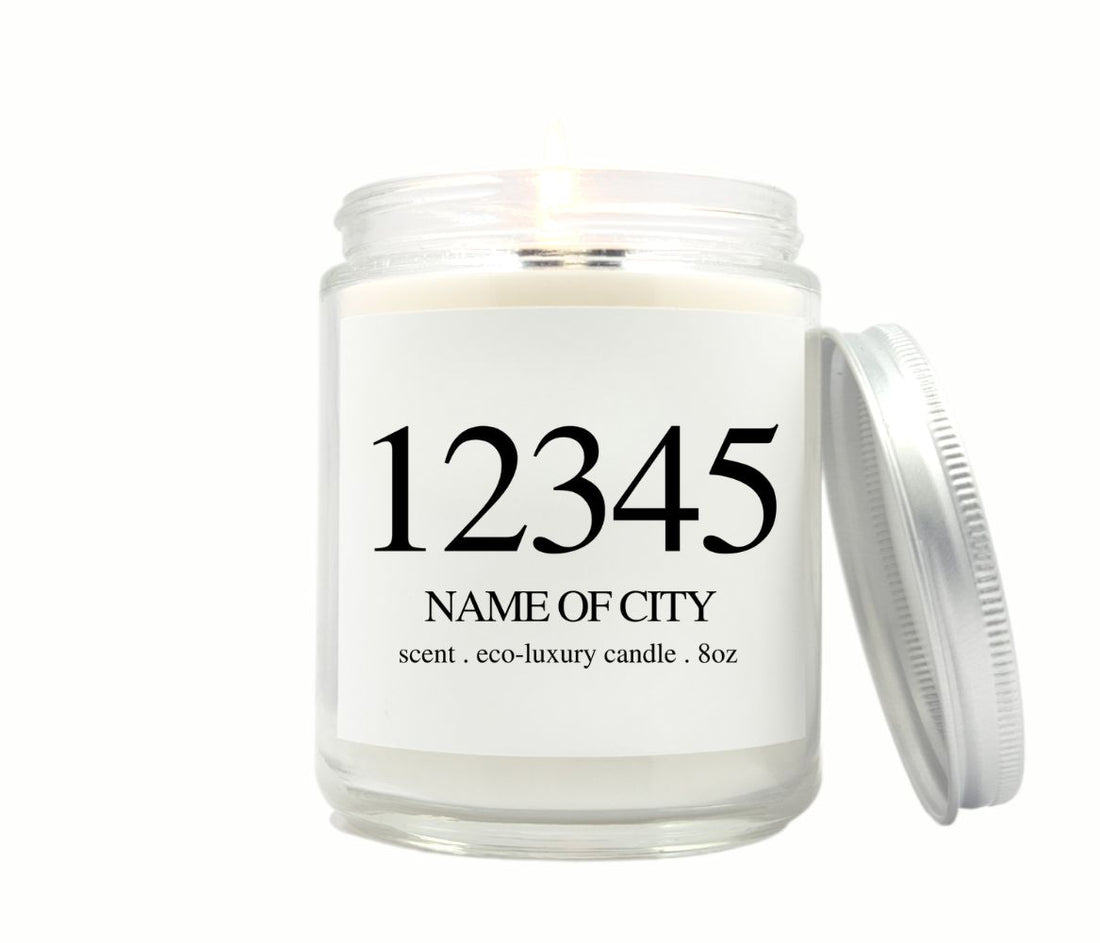 Personalized Zip Code Candle with custom location label, hand-poured in eco-friendly wax