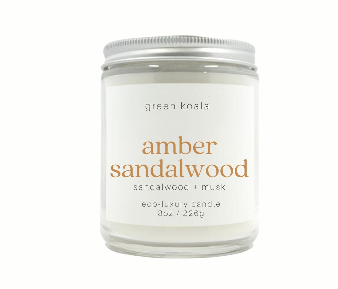 Amber Sandalwood 8oz non-toxic, clean burning coconut wax candle with silver lid.