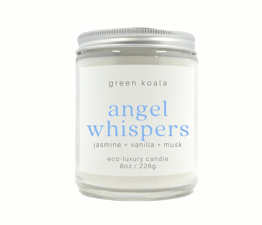 8oz Angel Whispers non-toxic candle with sliver lid and made with coconut wax for a clean burn.