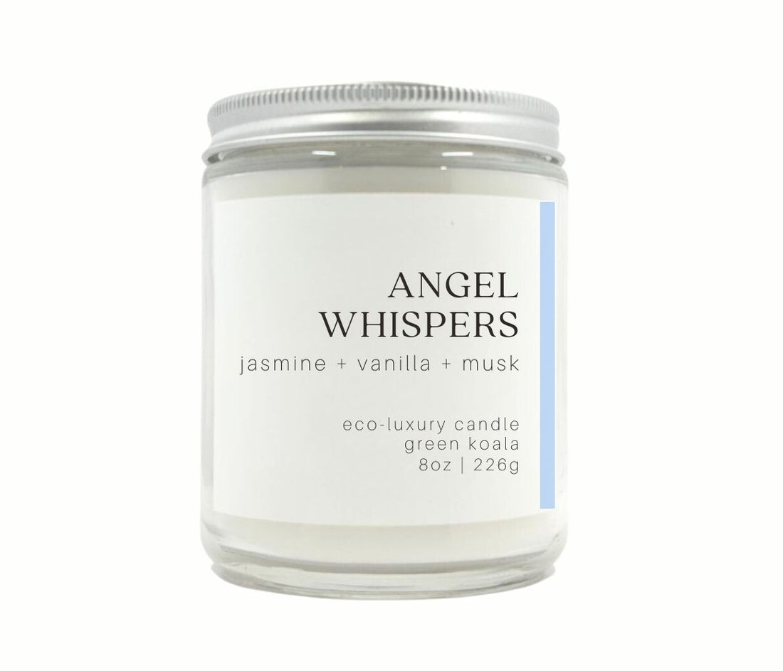 8oz Angel Whispers zero waste candle made with coconut wax for a clean burn and zero soot. 