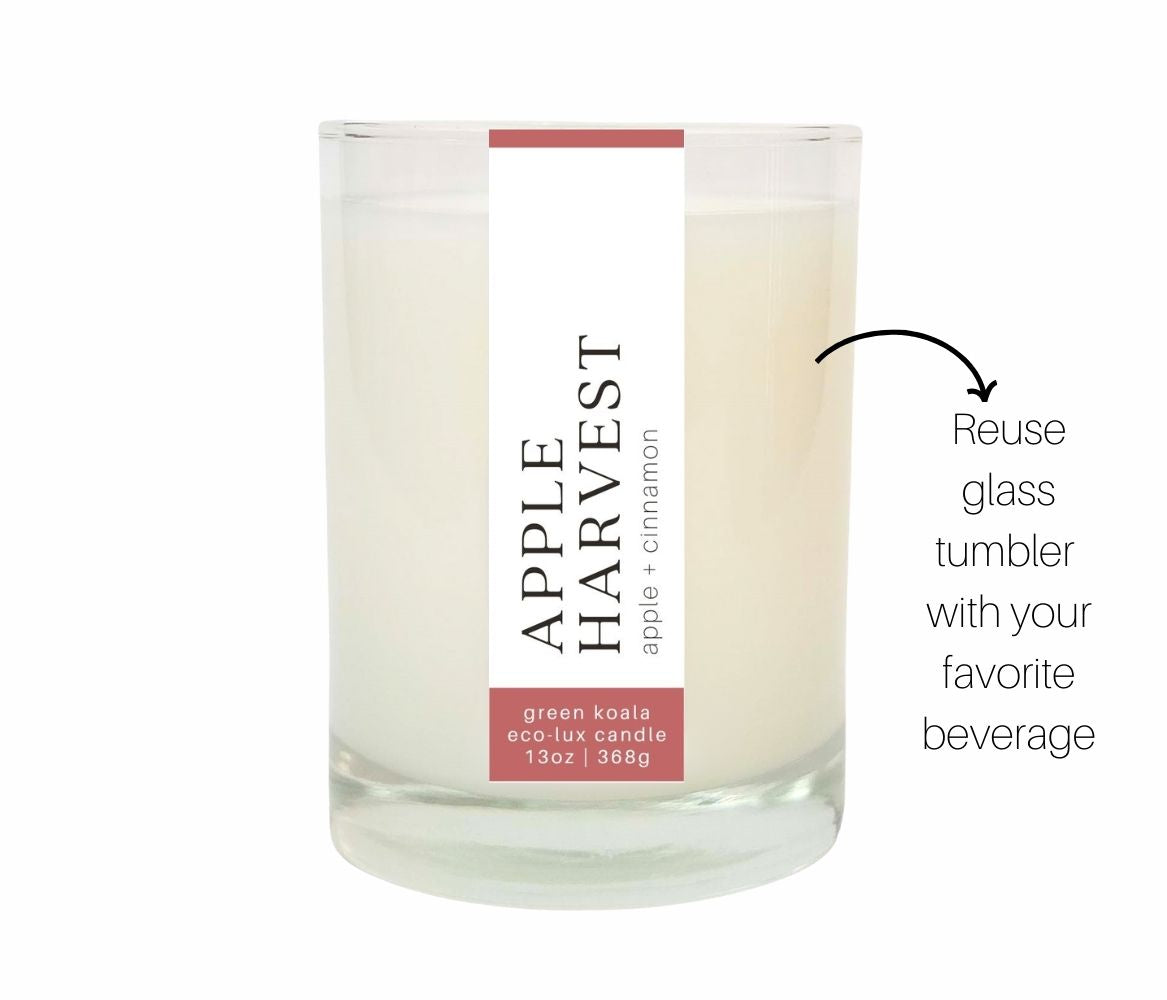 13oz Apple Harvest Zero waste coconut wax candle in a glass jar can be used as a drinking glass