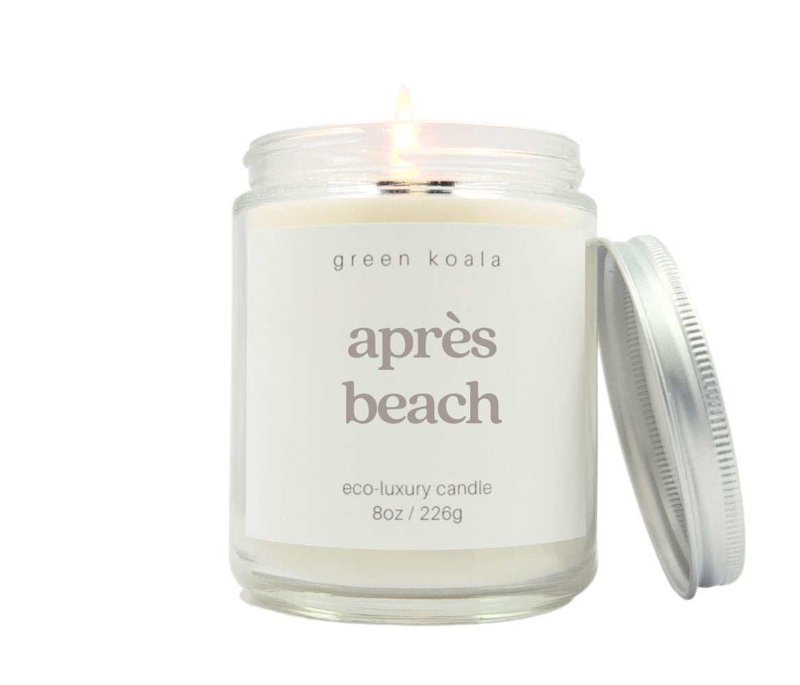 8oz Après Beach Candle in a glass jar with silver lid. Made with coconut wax. 