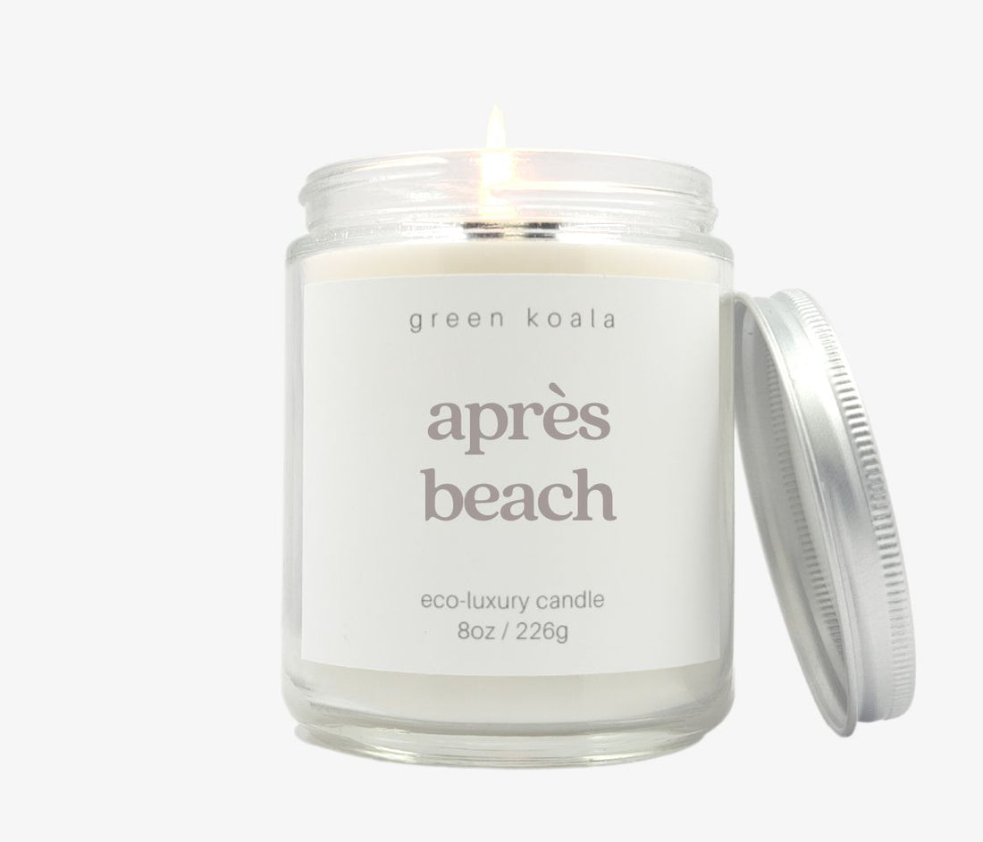 8oz Après Beach Candle in a glass jar with silver lid. Made with coconut wax. 