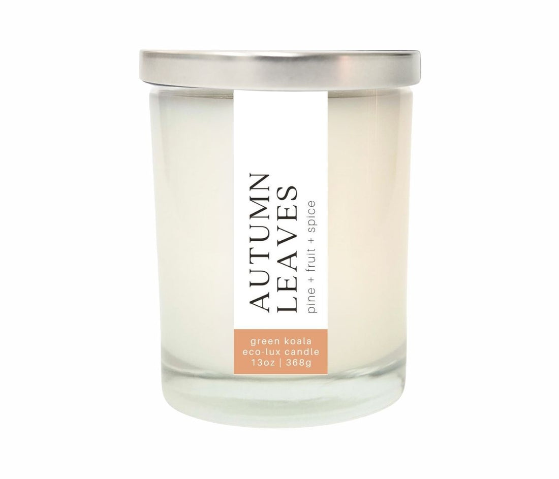 13oz Green Koala Organic Autumn Leaves Eco-Luxury Candle Glass Jar With Lid