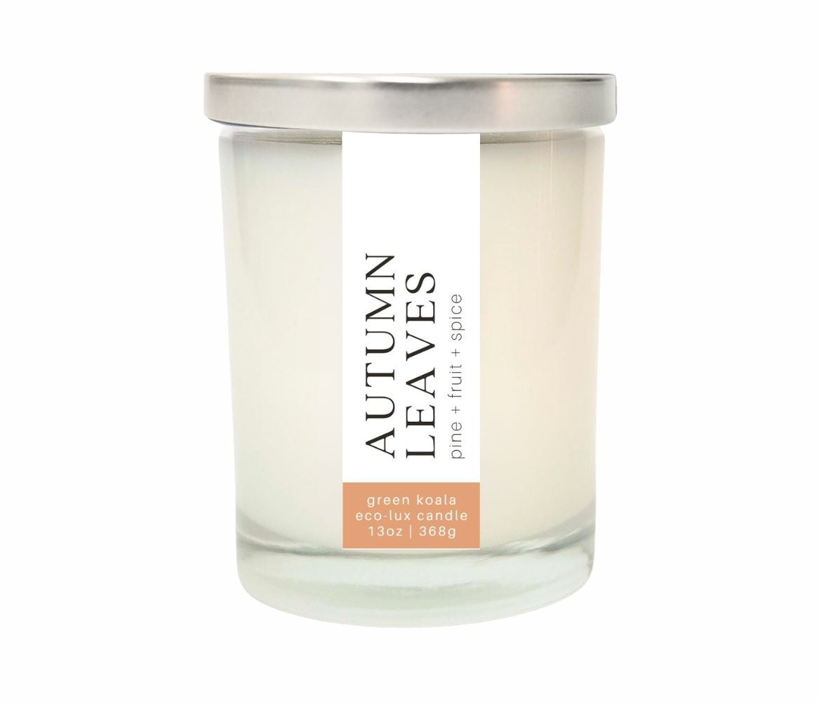 13oz Green Koala Organic Autumn Leaves Eco-Luxury Candle Glass Jar With Lid