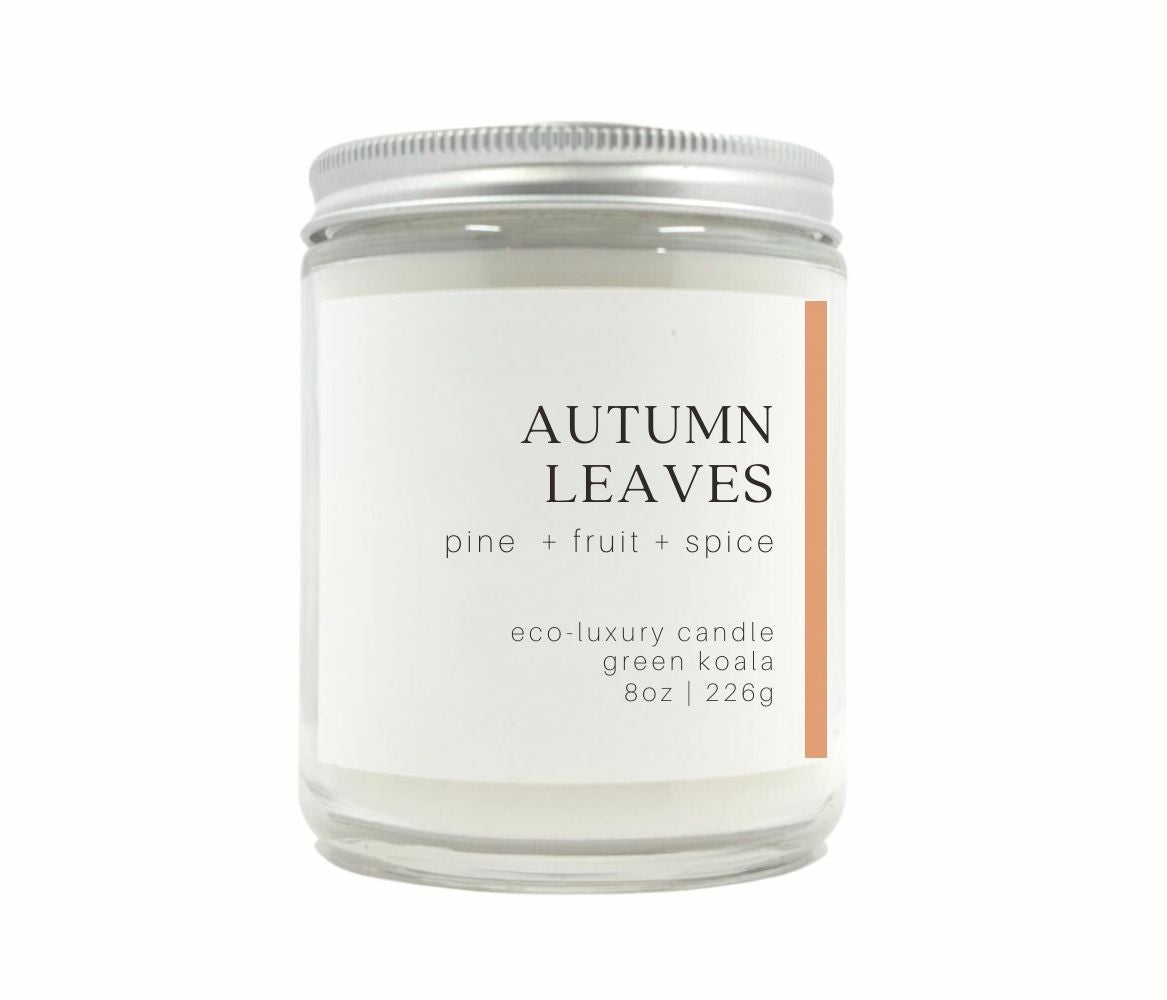 8oz Autumn Leaves coconut wax candle in a glass jar with silver lid for clean burn. 