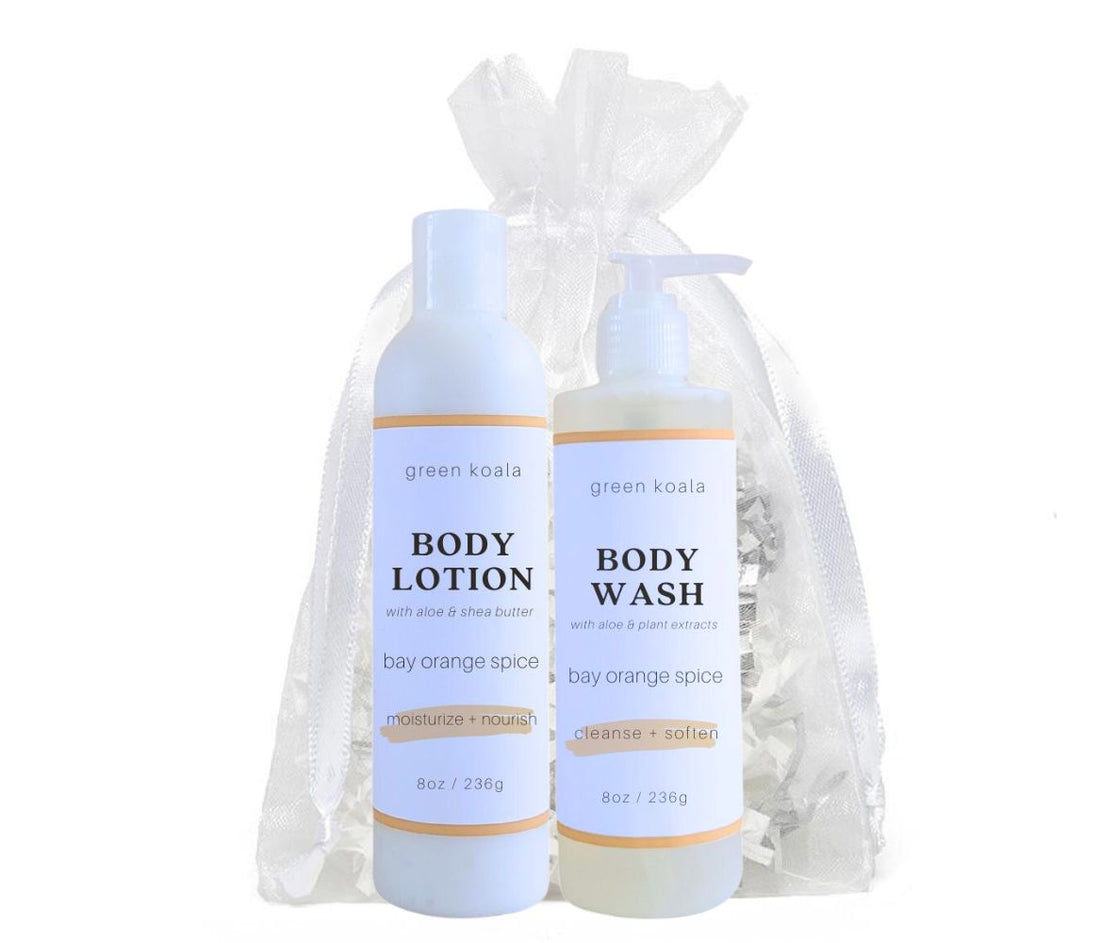 Organic Bay Orange Spice Body Wash &amp; Lotion Gift Set with white organza bag