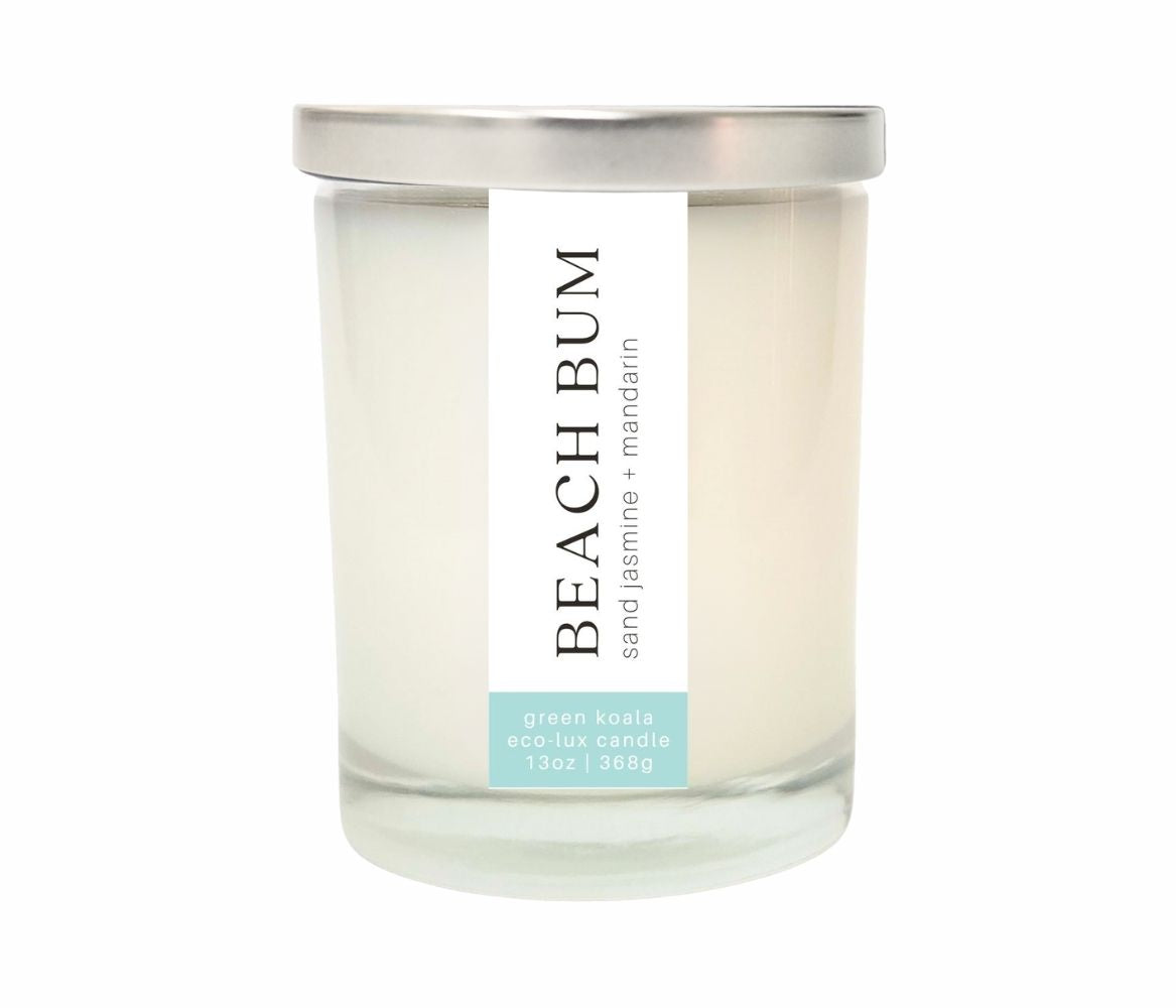 13oz Green Koala Organic Beach Bum Eco-Luxury Candle Glass Jar With black Lid