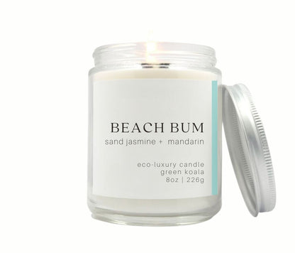 Beach Bum 8oz non-toxic candle in a jar with silver lid