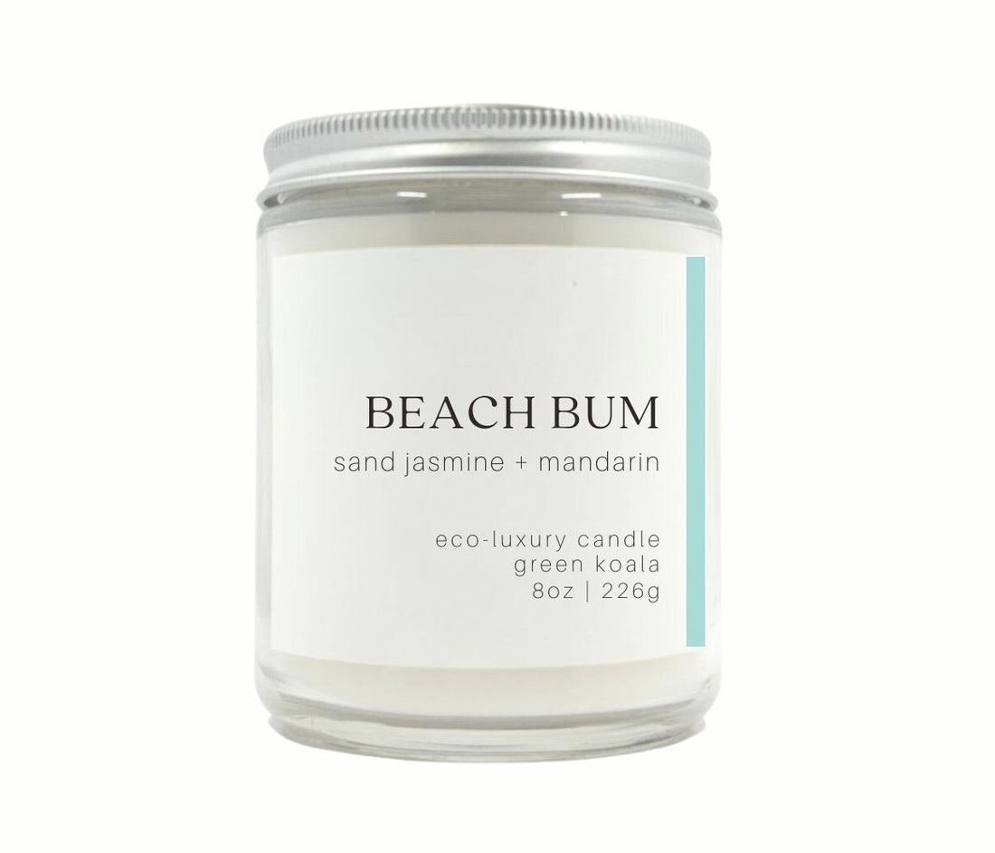 Beach Bum 8oz non-toxic candle in a jar with silver lid for a clean burn. 