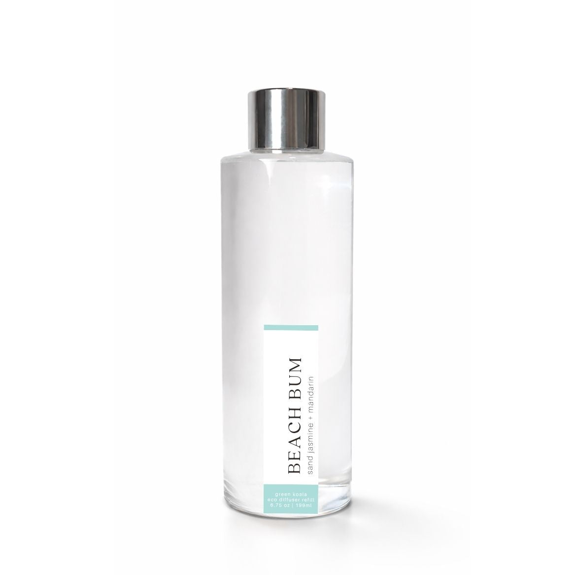 Clear bottle with silver cap on a white background, featuring &