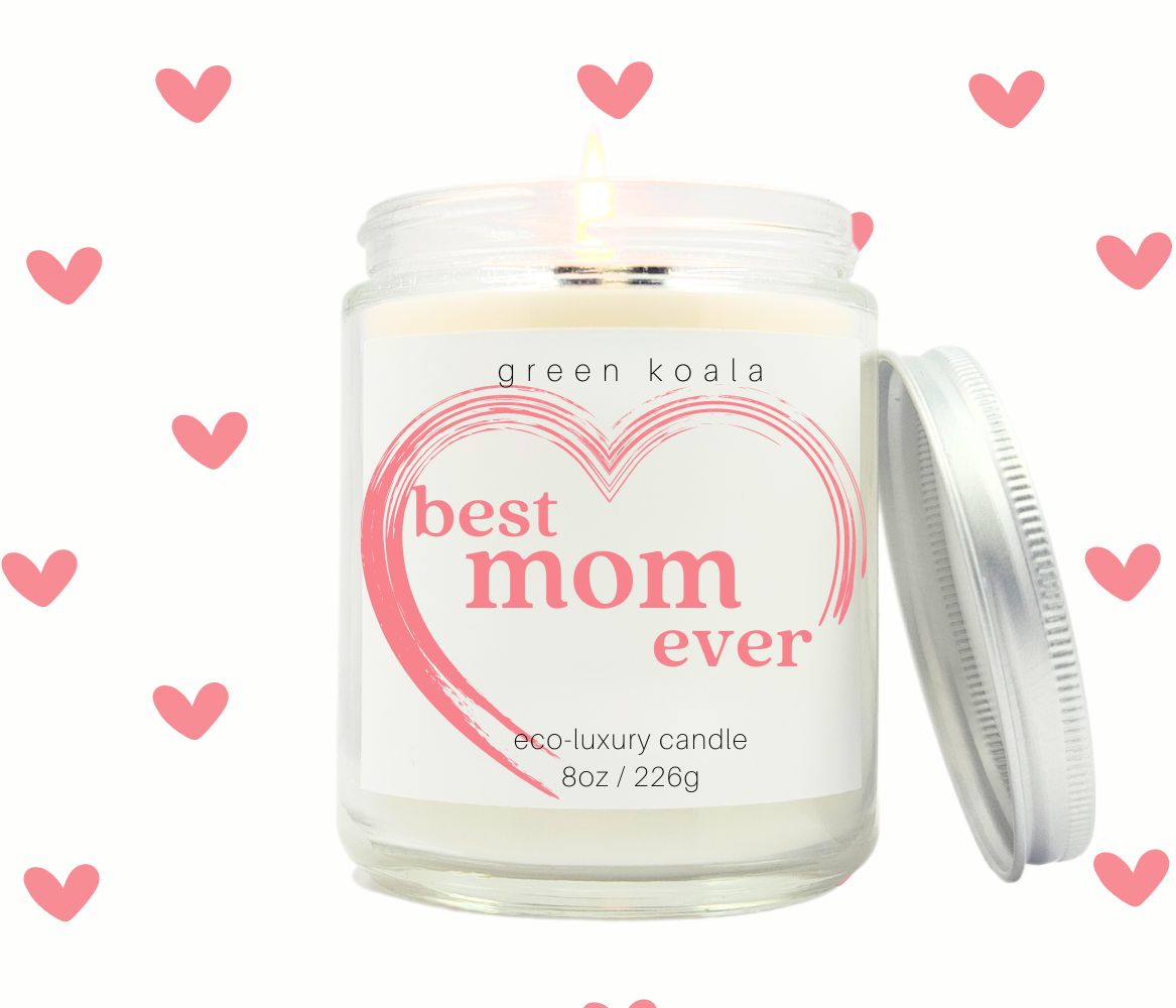 Best Mom Ever eco-luxury candle 8oz clean urning + non-toxic with hearts background. 