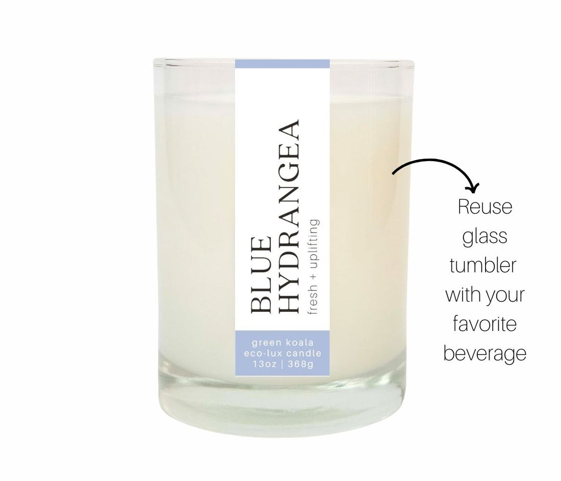 13oz Green Koala Organic Hydrangea Eco-Luxury Candle Glass Jar.