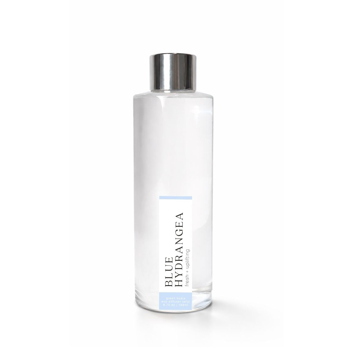 Clear bottle with silver cap labeled "Blue Hydrangea" on a white background