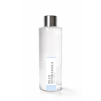 Clear bottle with silver cap labeled "Blue Hydrangea" on a white background