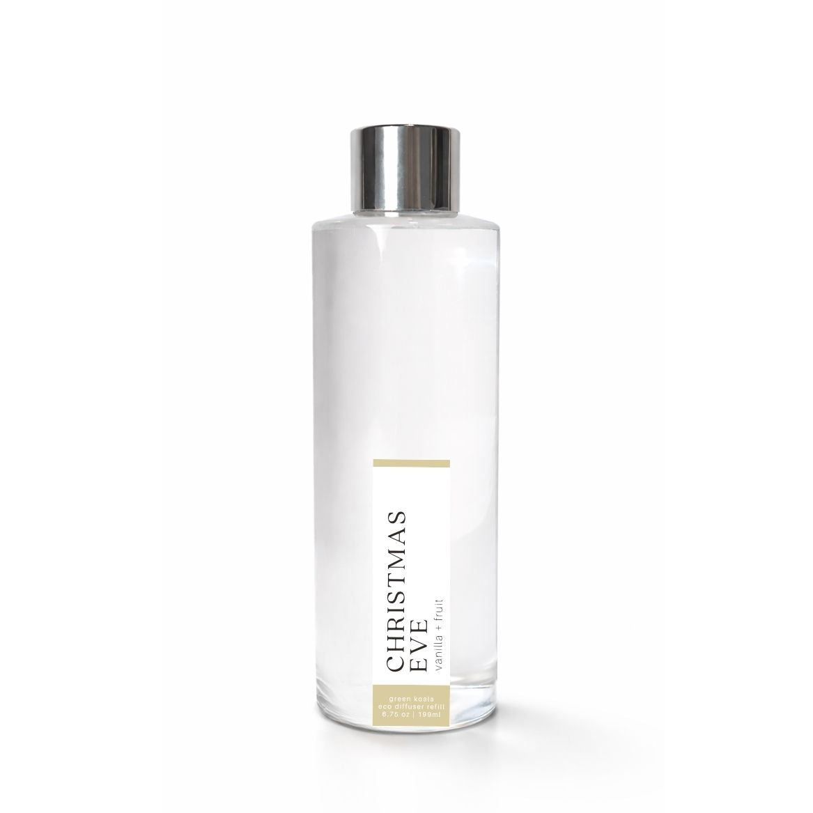 Clear bottle with silver cap on a white background, featuring &