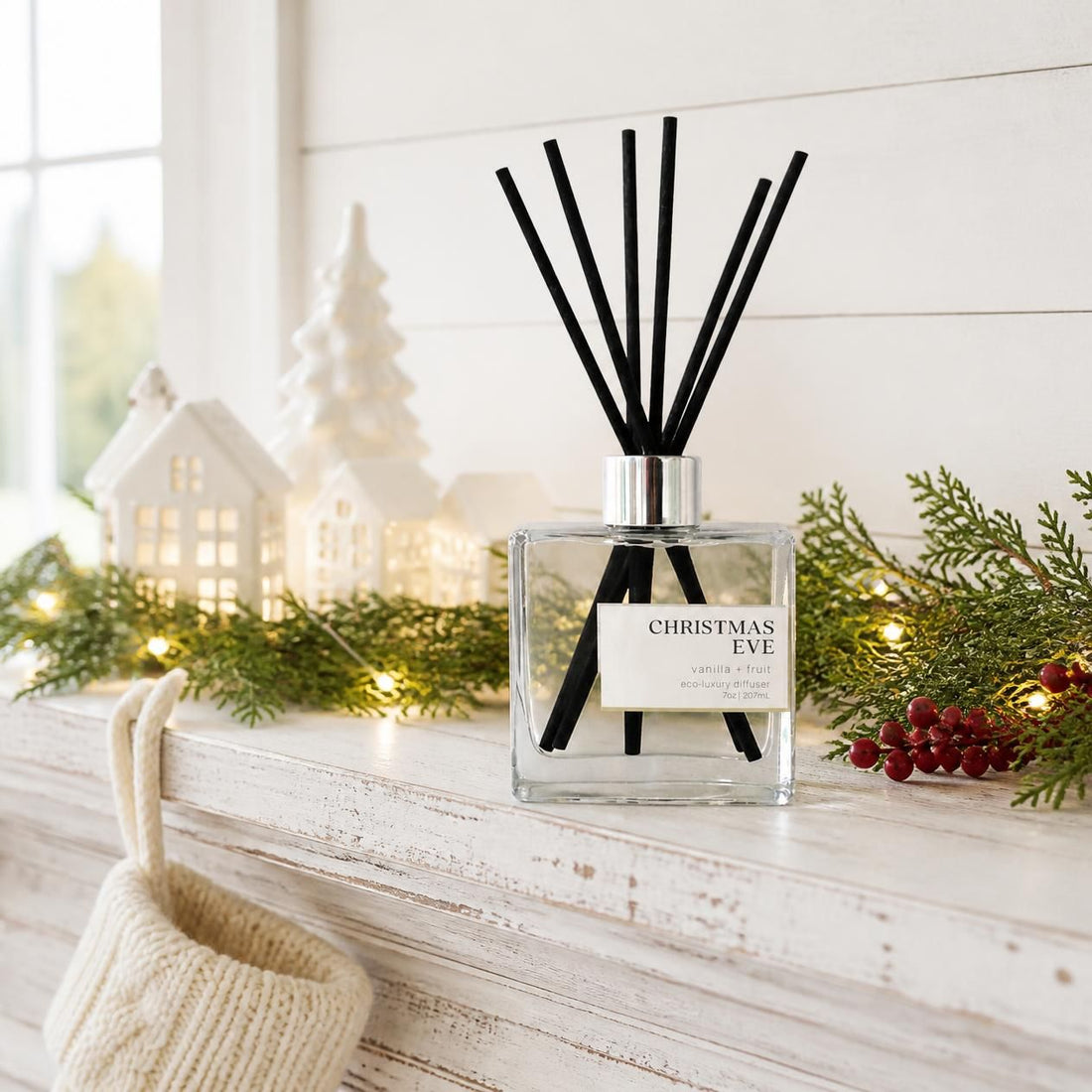 Green Koala Christmas Eve non-toxic reed diffuser on a white farmhouse mantel with evergreen garland and twinkle lights