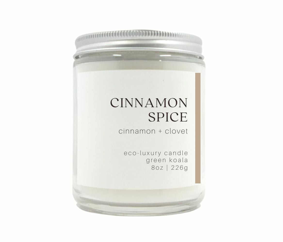 8oz Cinnamon Spice coconut wax non-toxic handmade candle in a glass jar with silver lid for a clean burn. 