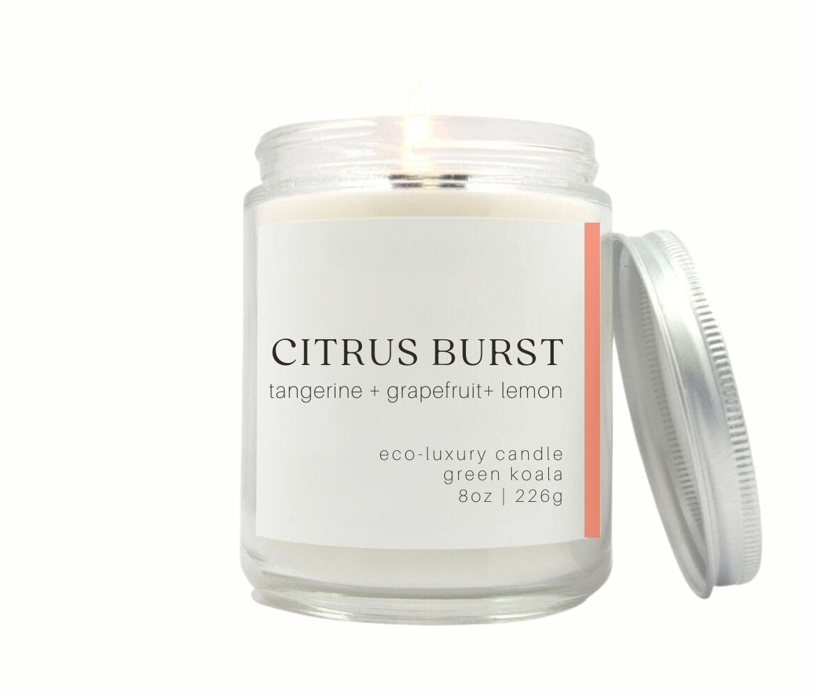 8oz Citrus Burst coconut wax non-toxic handmade candle in a glass jar with silver lid
