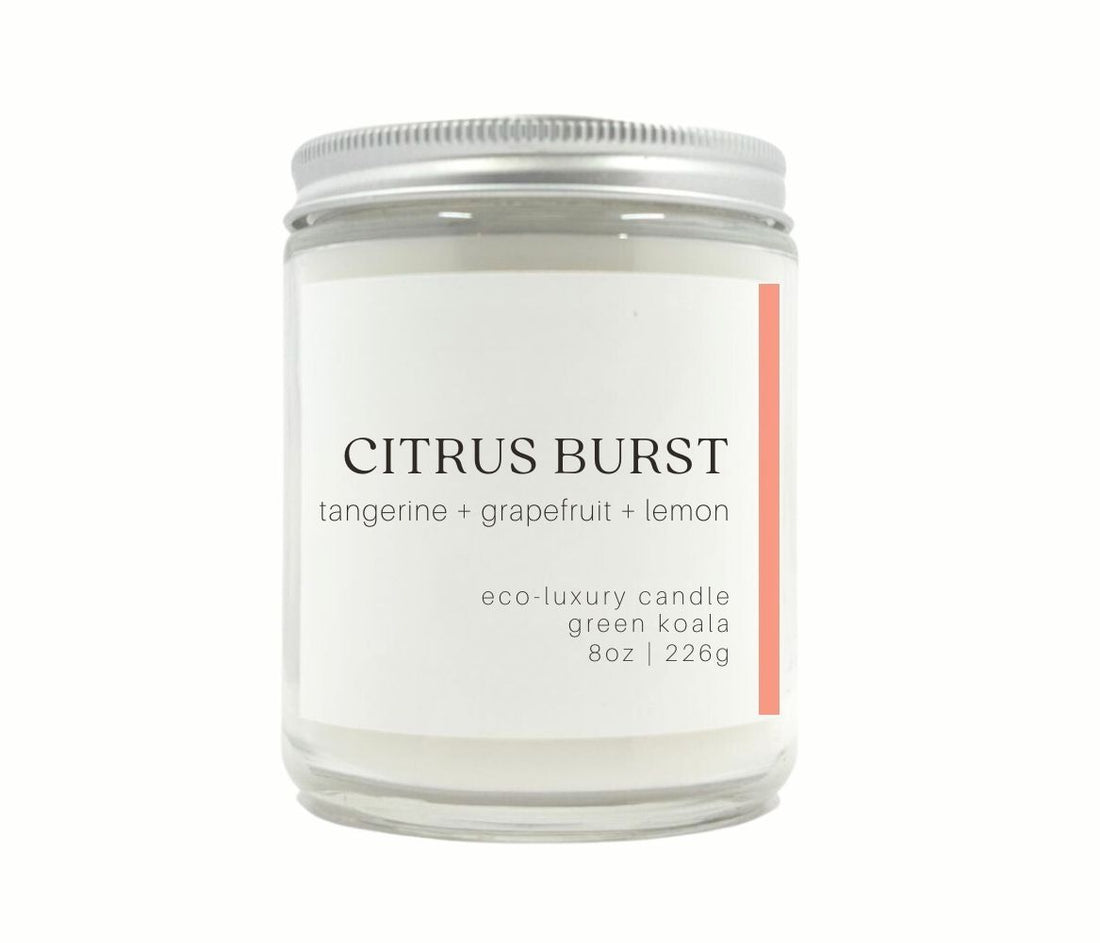 8oz Citrus Burst coconut wax non-toxic handmade candle in a glass jar with silver lid for a clean burn. 