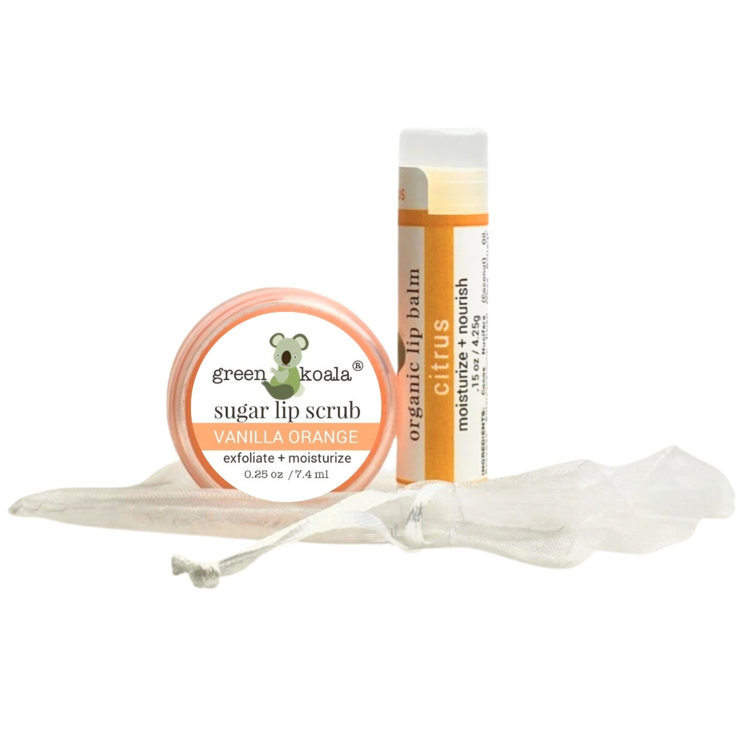 Organic Vanilla Orange Lip Scrub and Citrus Lip Balm Gift Set.