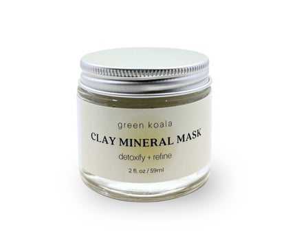 Green Koala Organic Clay Face Mask in a 2 oz glass jar natural detoxifying facial mask