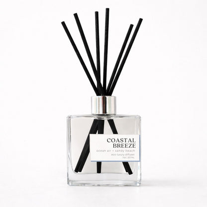 Green Koala Coastal Breeze non-toxic reed diffuser with black fiber reeds on a white background