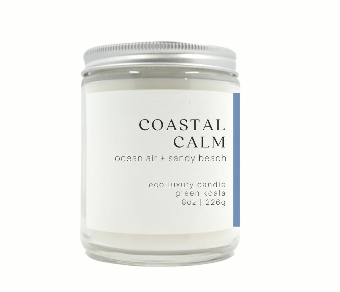 8oz Green Koala Organic Coastal Calm Eco-Luxury Candle Glass Jar With silver Lid. 