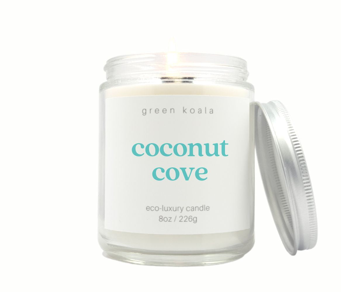 Green Koala Coconut Cove 8oz Candle. Tropical coconut and fresh breeze scent to create a relaxing beach-inspired ambiance.
