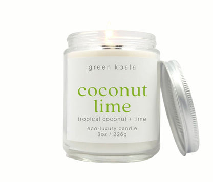 8oz Coconut Lime scented non-toxic and clean burning candle in a glass jar with silver lid. 