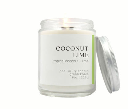 8oz Coconut Lime candle made with coconut non-toxic safe clean burn wax in a glass jar with silver lid 