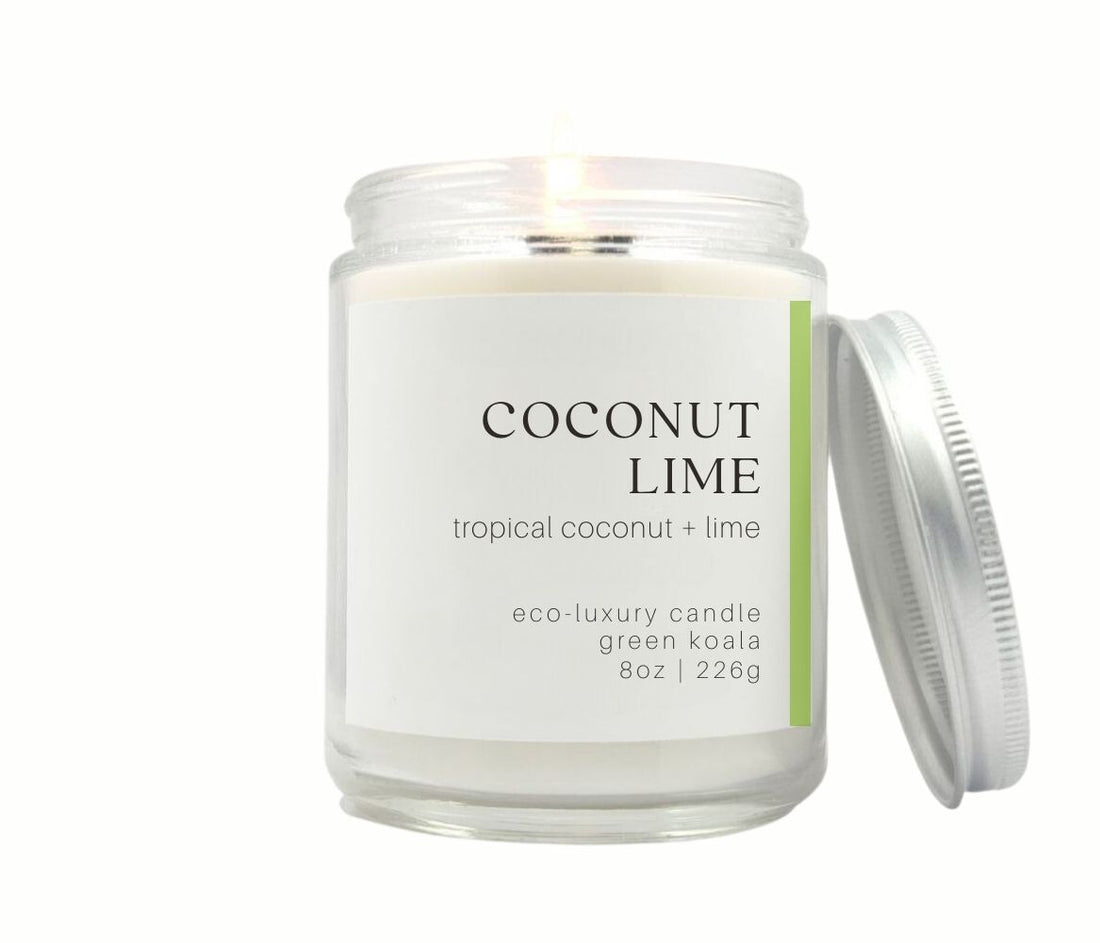 8oz Green Koala Organic Coconut Lime Eco-Luxury Candle Glass Jar With silver Lid. Non-toxic and clean burning.