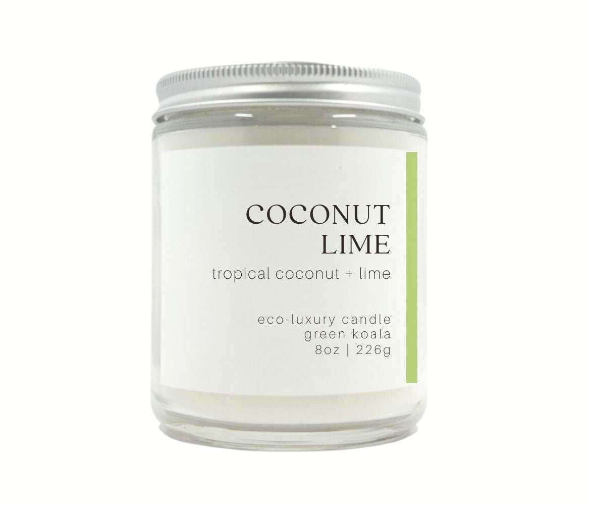 8oz Coconut Lime candle made with coconut wax in a glass jar with silver lid