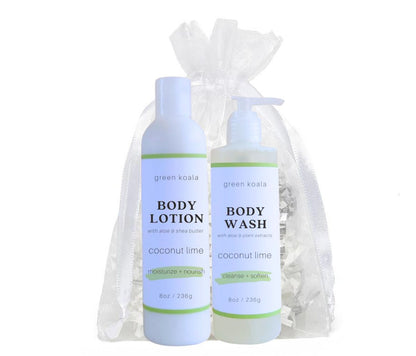 Organic Coconut Lime Body Wash &amp; Lotion Gift Set with white organza bag