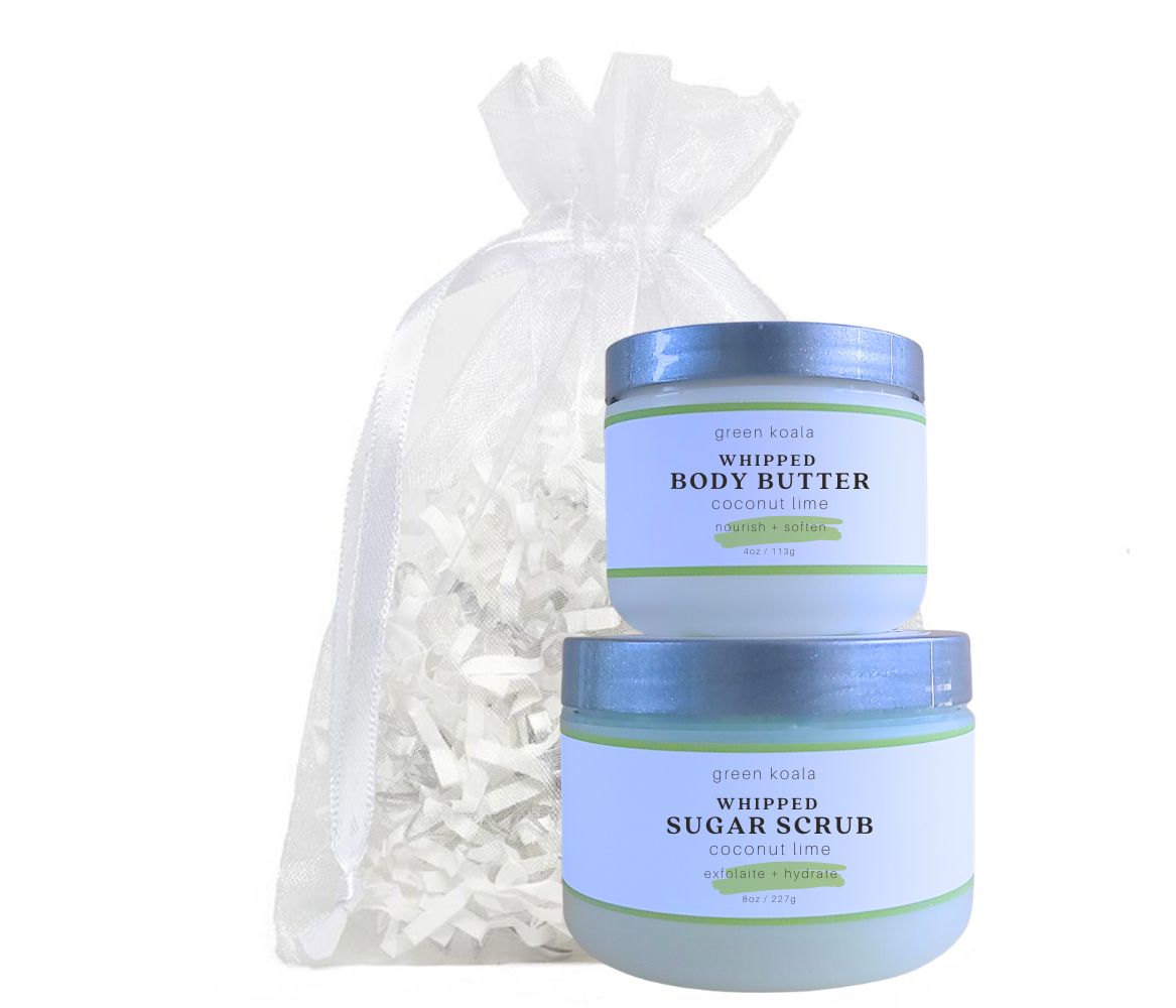 Green Koala Organic Coconut Lime Body Butter &amp; Scrub Gift Set in a White Organza Bag