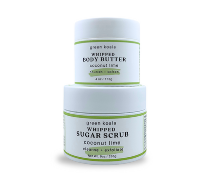Two jars of green koala coconut lime whipped body butter and sugar scrub on a white background
