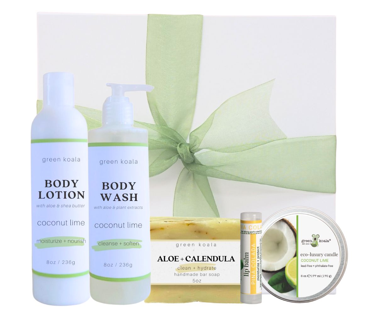 Organic Coconut Lime gift box with tin candle, bar soap, lip balm, body wash and body lotion