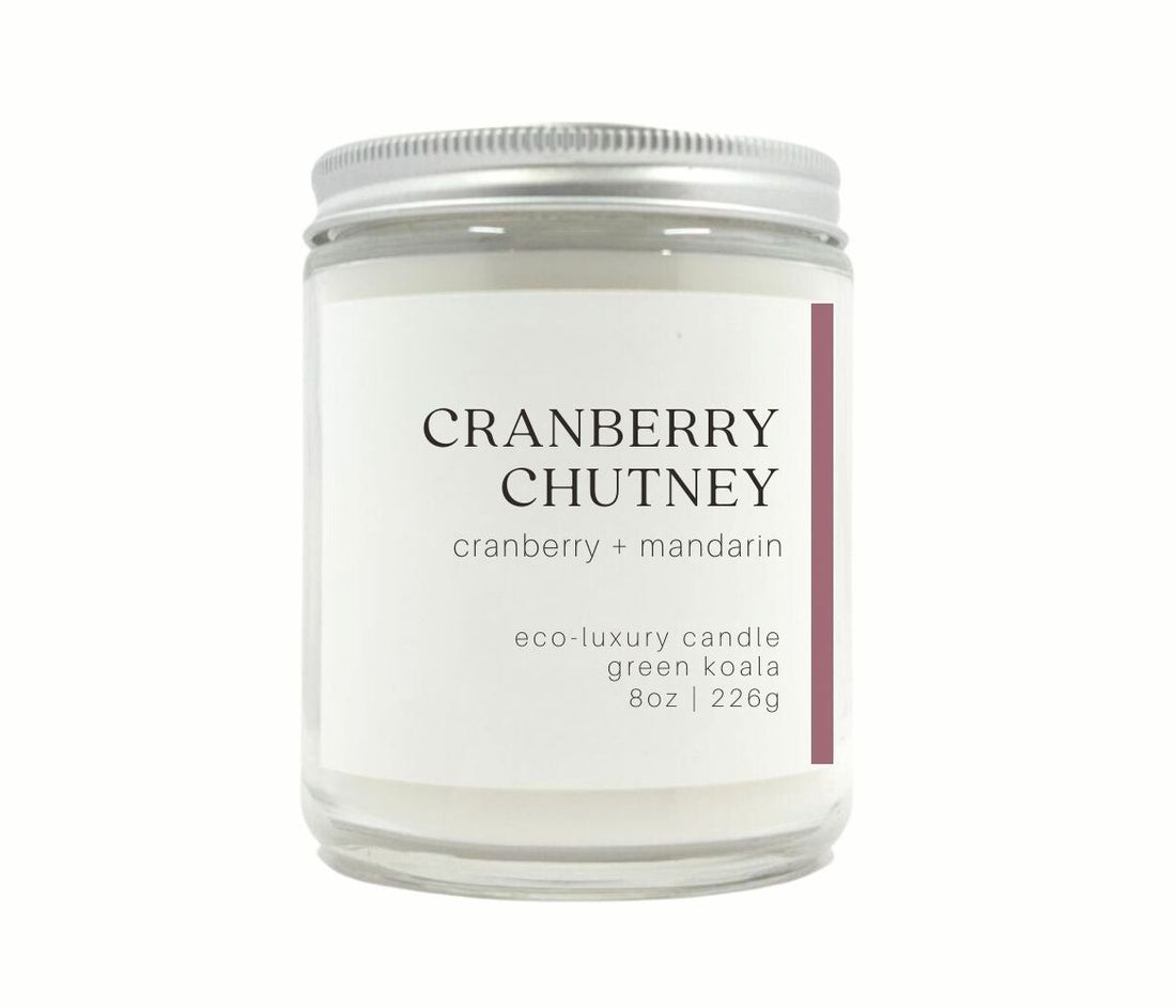 8oz Cranberry Chutney eco-luxury candle made with coconut wax in a glass jar with silver lid for a clean burn. 