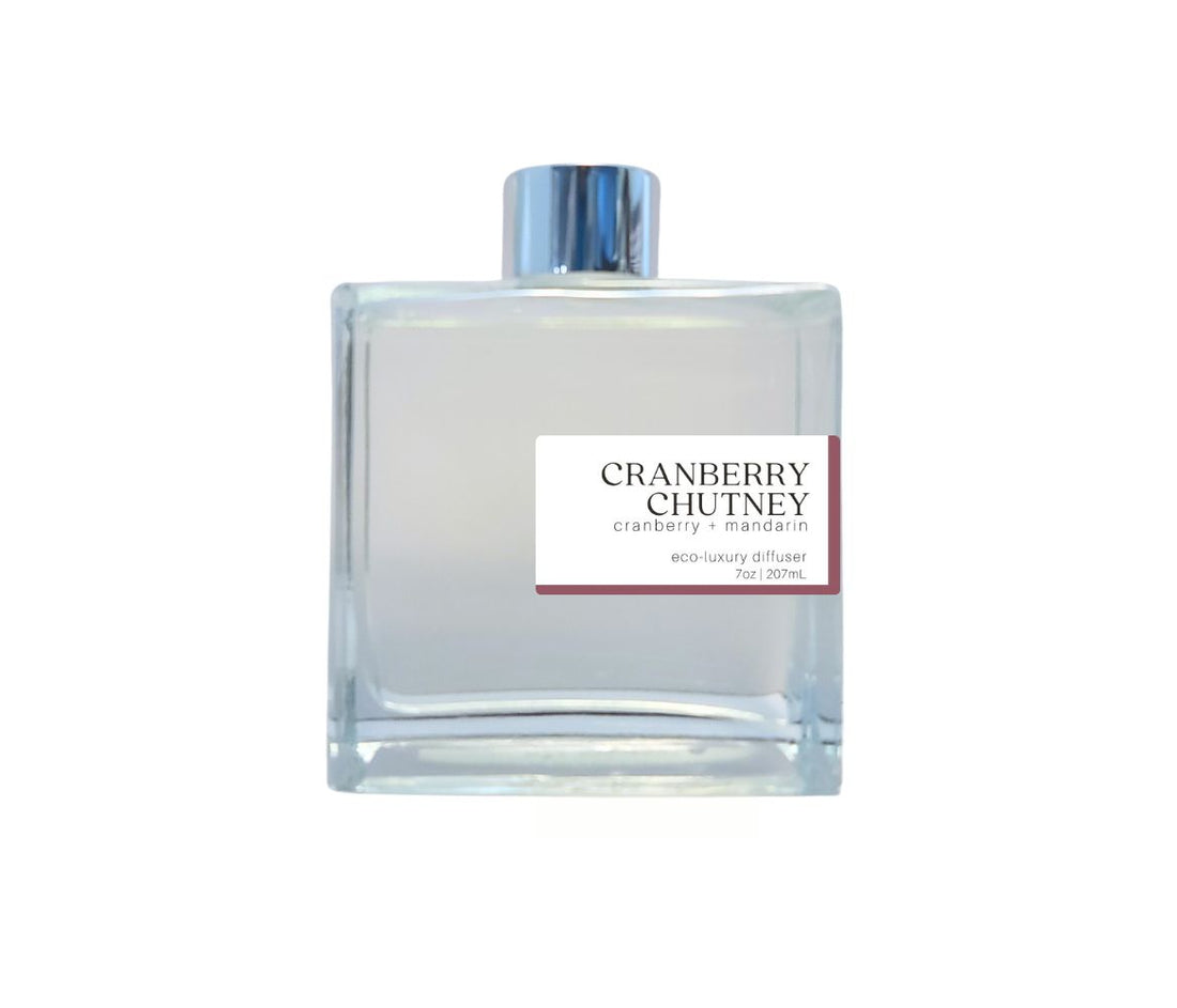 7oz Cranberry Chutney non-toxic scented reed diffuser in glass jar.