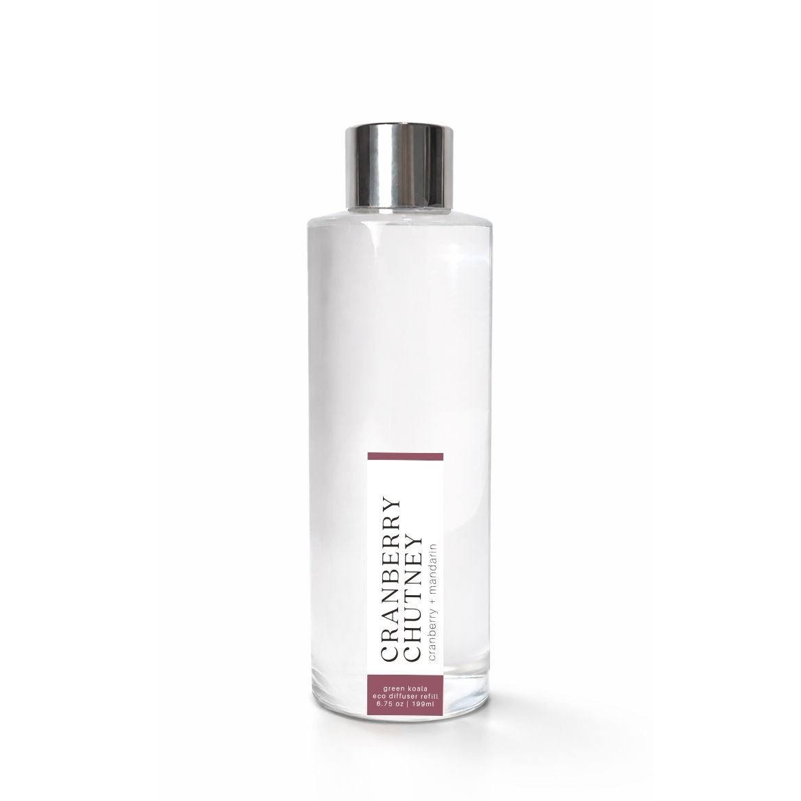 Clear bottle with silver cap labeled Cranberry Chutney on a white background