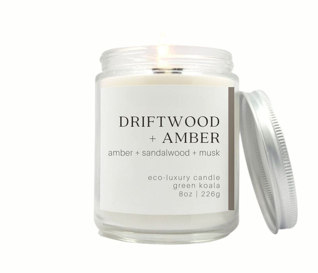 8oz Driftwood non-toxic candle made with coconut wax in a glass jar