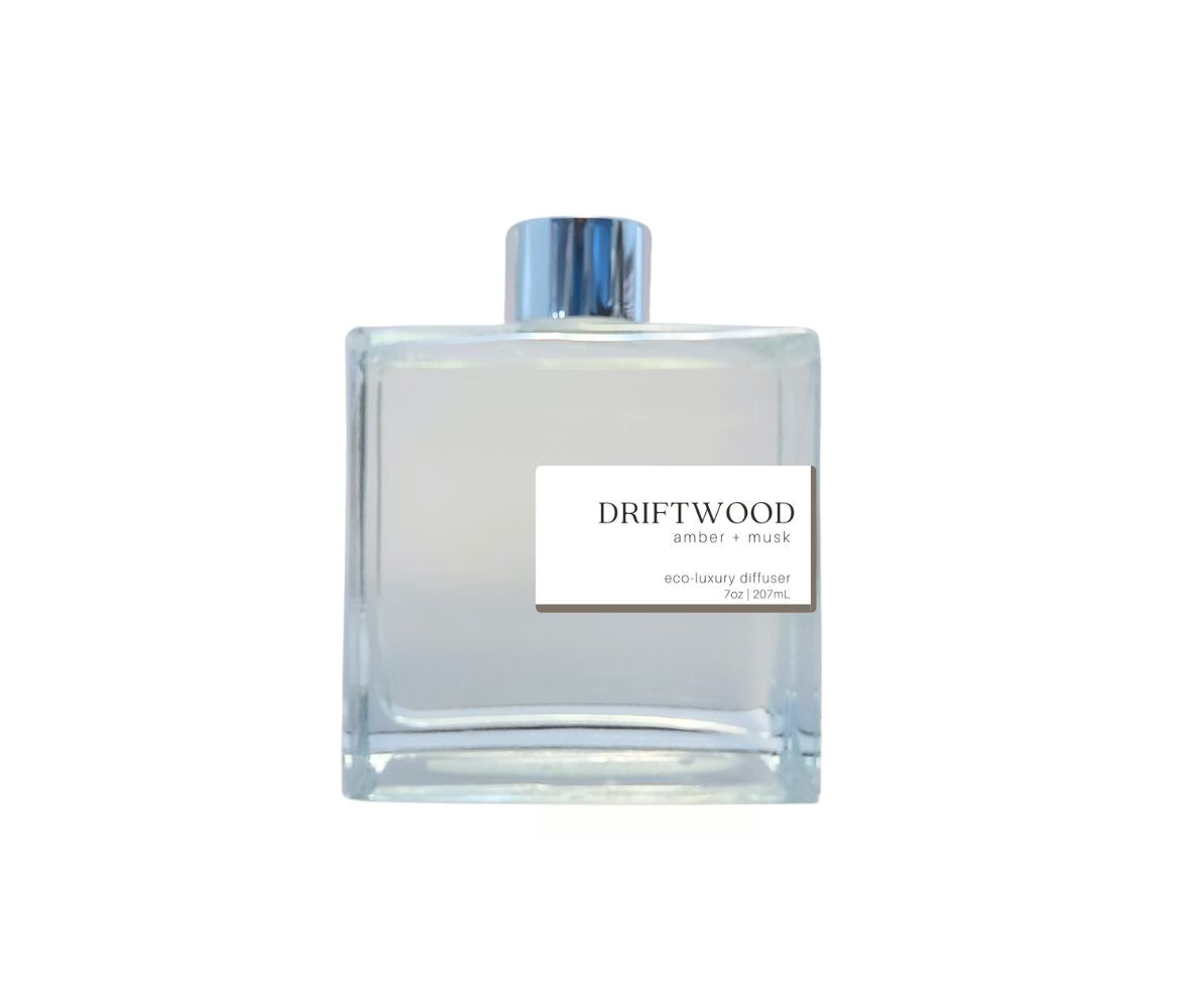 7oz Driftwood non-toxic scented reed diffuser in glass jar.