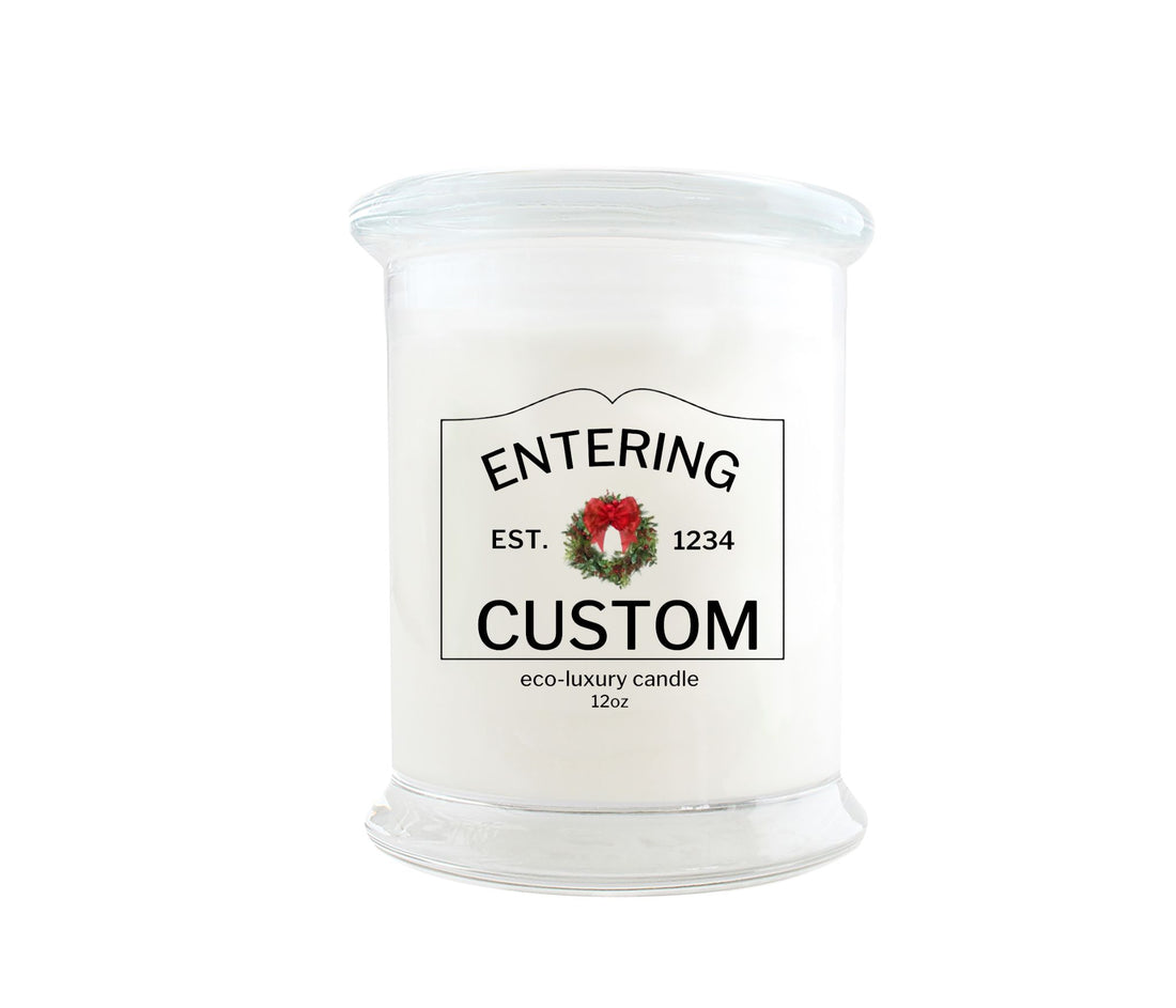 12oz Holiday Entering Your Town Custom Candle with wreath icon