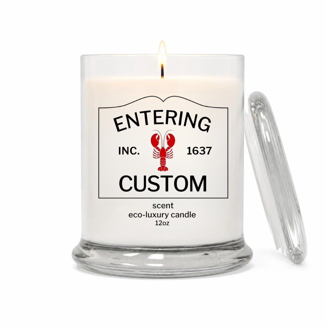 Green Koala personalized Entering town sign 12oz candle with lobster icon, custom town name label and glass lid