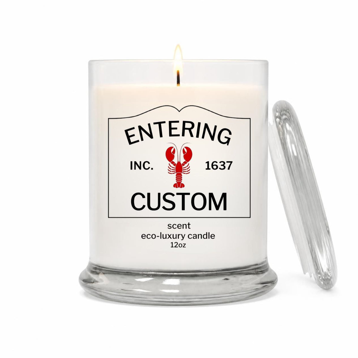 Green Koala personalized Entering town sign 12oz candle with lobster icon, custom town name label and glass lid
