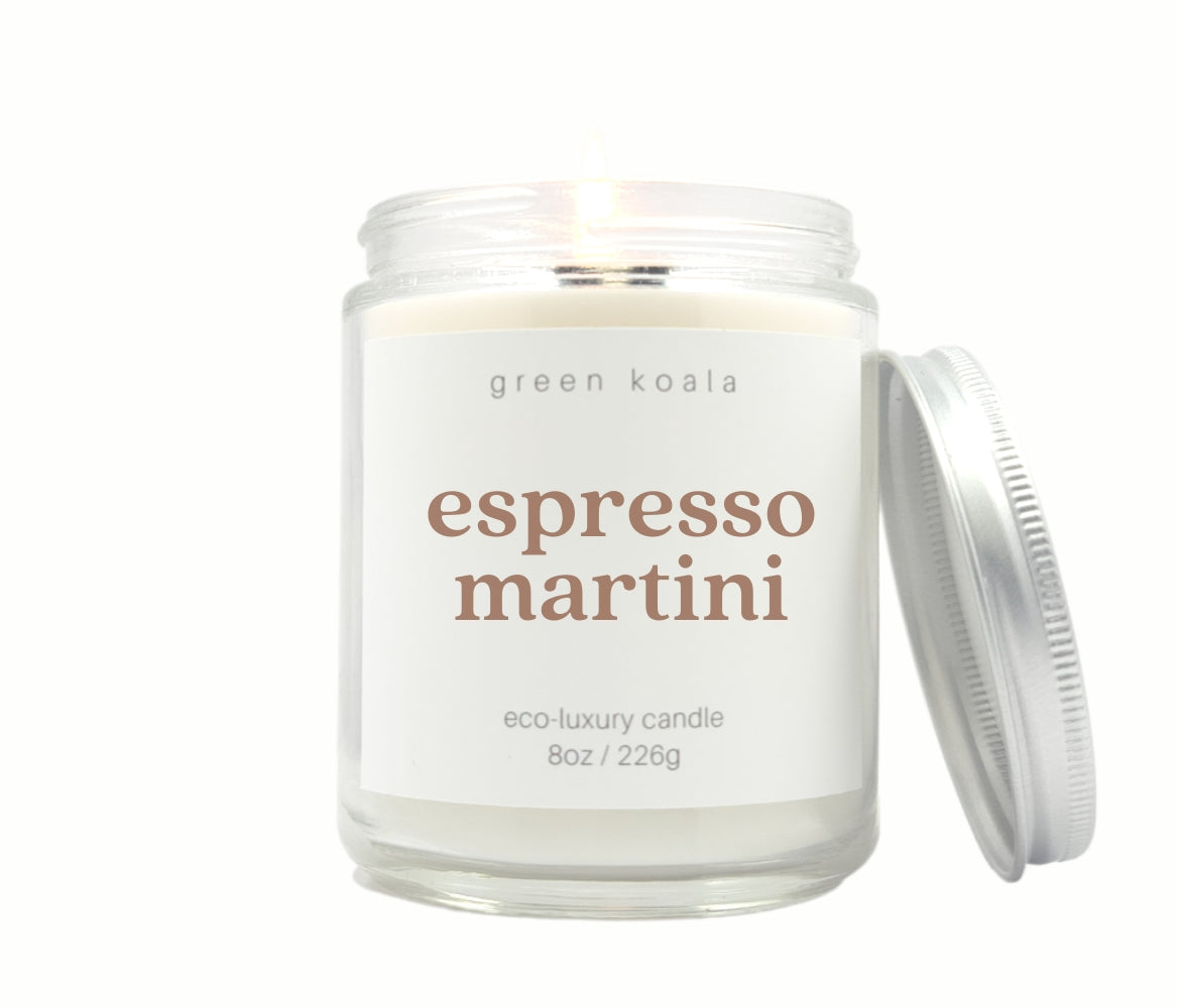 Espresso Martini scented 8 oz. candle featuring the words &quot;espresso martini&quot; in a light brown font