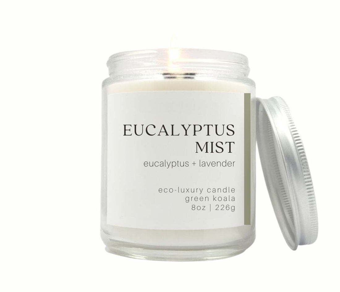 Eucalyptus Mist 8oz coconut creme non-toxic clean burn wax in a glass jar with silver lid